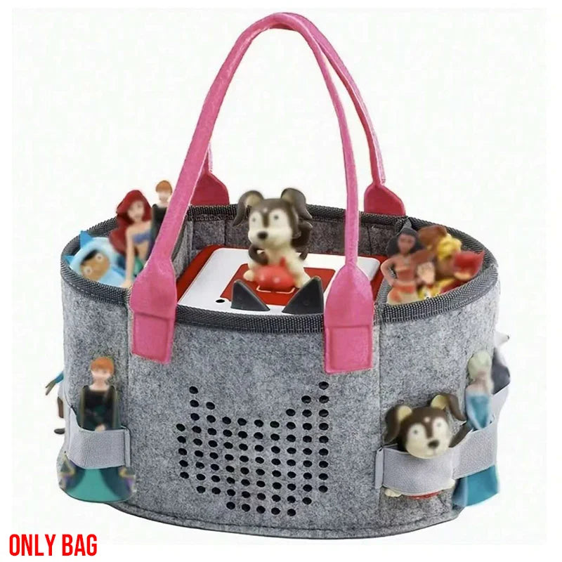 Grey felt tote with pink handles holding an audio box and figurines in elastic side loops