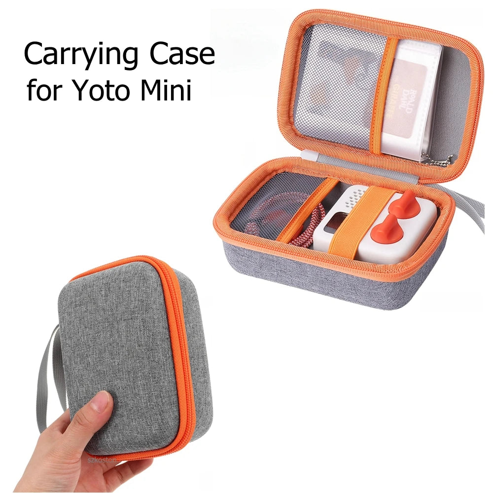 Grey hard-shell case open to show mesh card pocket and audio player inside